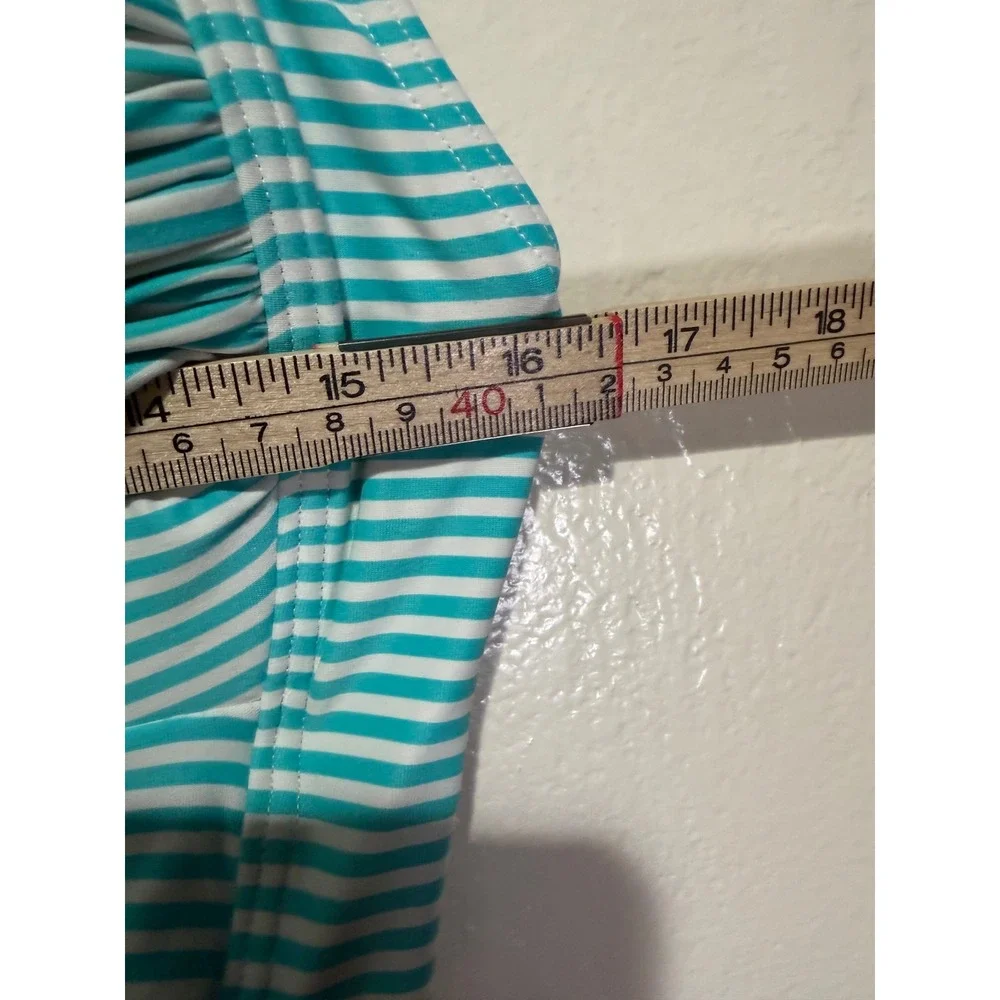 Bond-Eye Australia Teal White Striped Ruched One Piece Swimsuit US‎ 10 Multi Cup